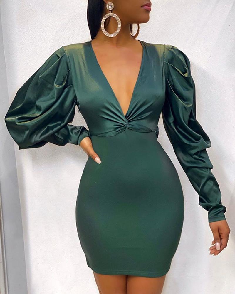 

Plunge Puffed Sleeve Satin Bodycon Dress, Green