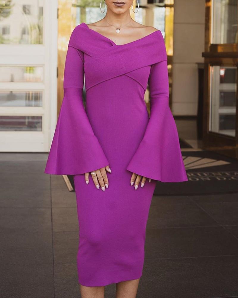 

Solid V Neck Bell Cuff Bodycon Dress, Purple