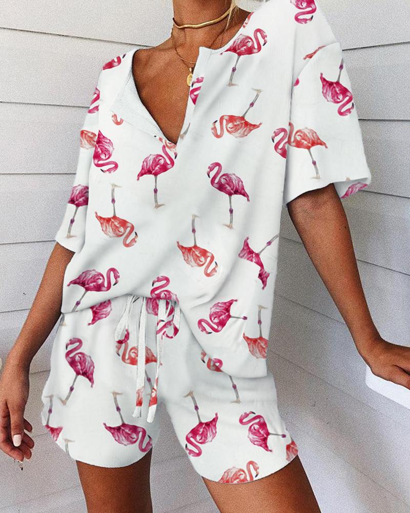 

Flamingo Print V-neck Pajamas Set, White