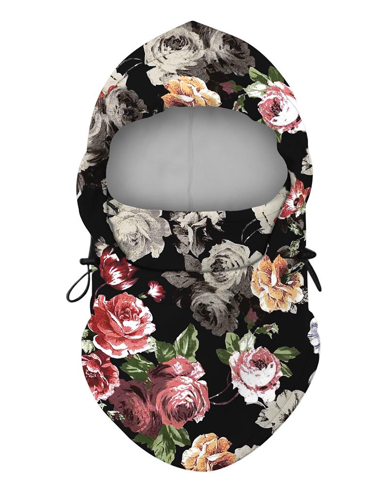 

Blooming Floral Print Polar Fleece Hood Adjustable Face Bandana, Black