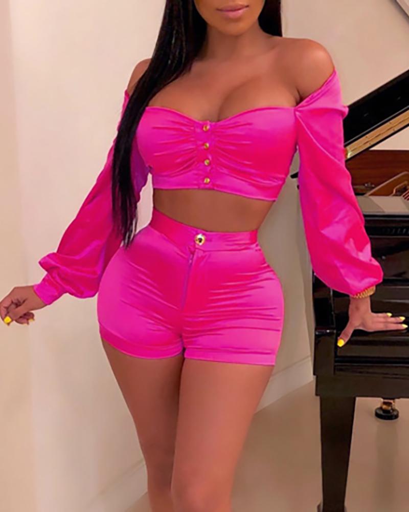 

Off Shoulder Buttoned Crop Top & Shorts Sets, Hot pink
