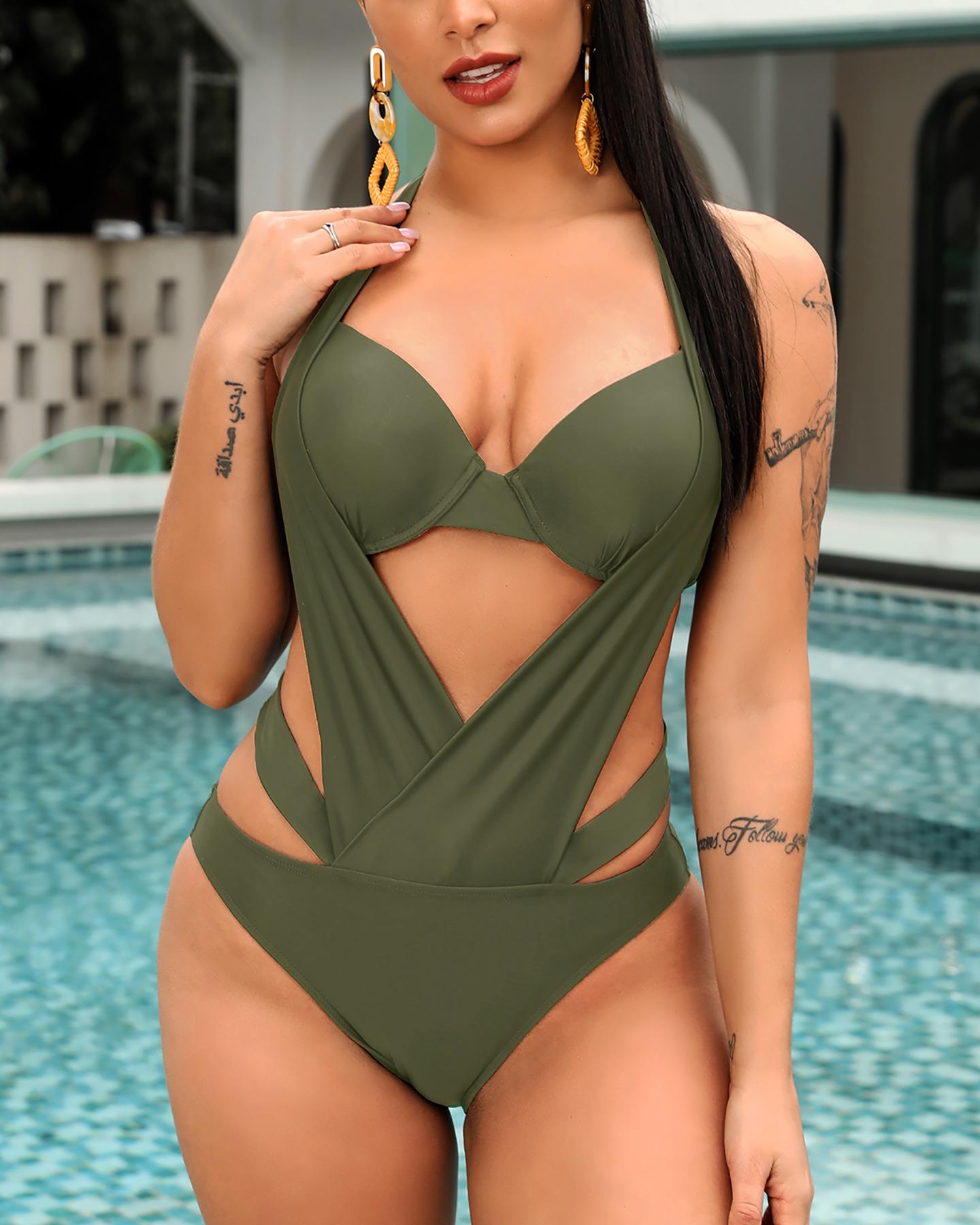 

Halter Cutout Backless One Piece Swimsuit, Army green