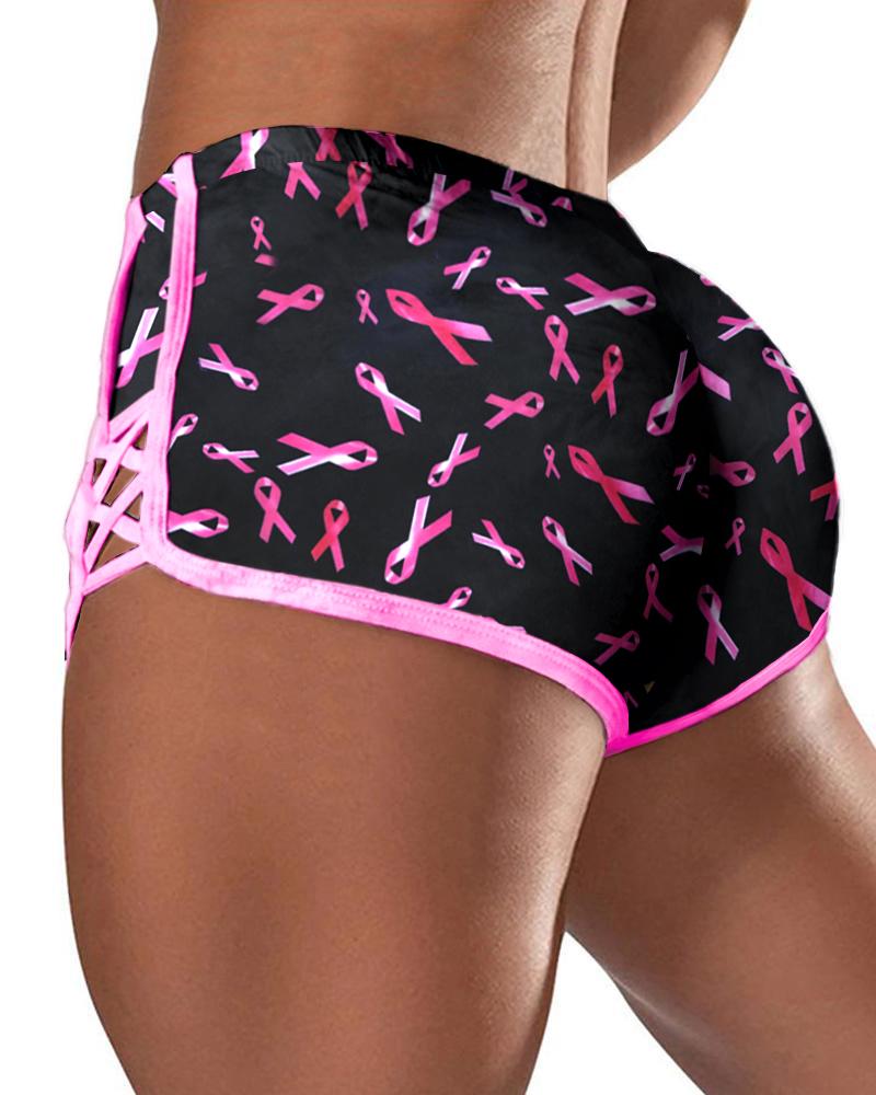 

Ribbon Print Contrast Binding Bandage Casual Shorts, Black
