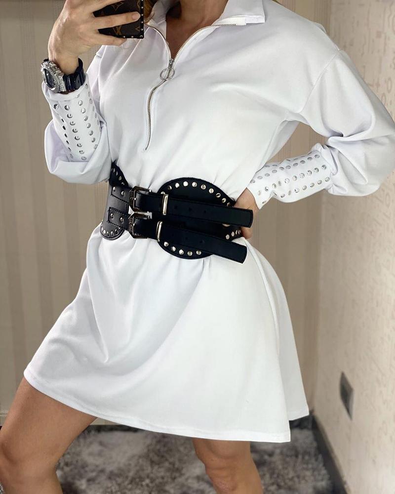 

Lantern Sleeve Rivet Zipper Design Dress, White