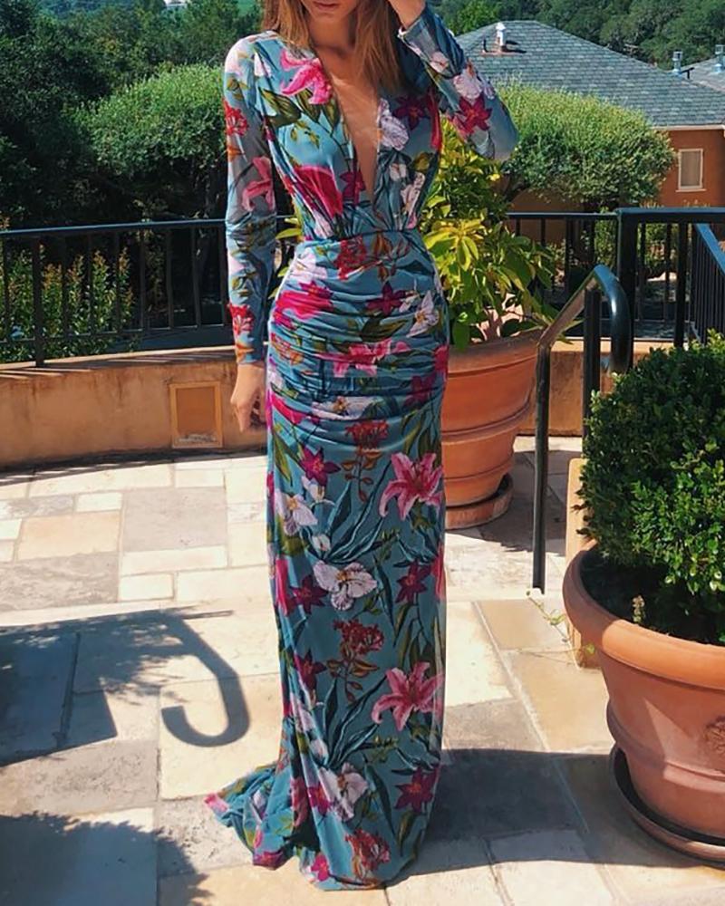 

Plunge Ruched Floral Print Long Sleeve Dress
