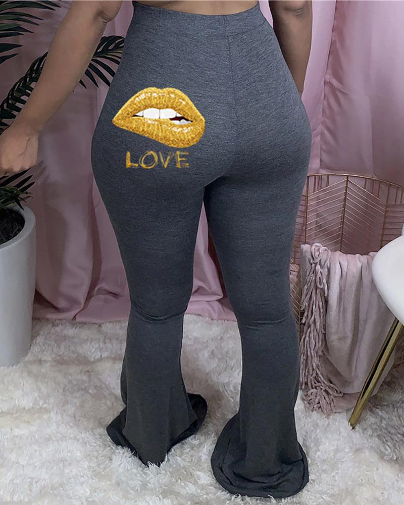 

Lips Letter Print Cutout Fitted Bootcut Pants, Dark grey