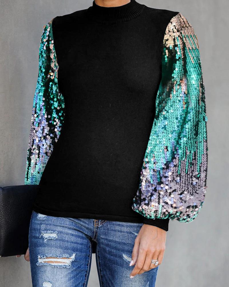 

Lantern Sleeve Sequins Colorblock Top