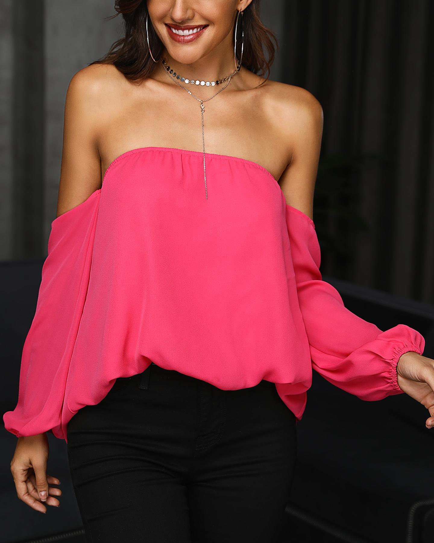 

Sexy Solid Off Shoulder Layered Blouse, Hot pink