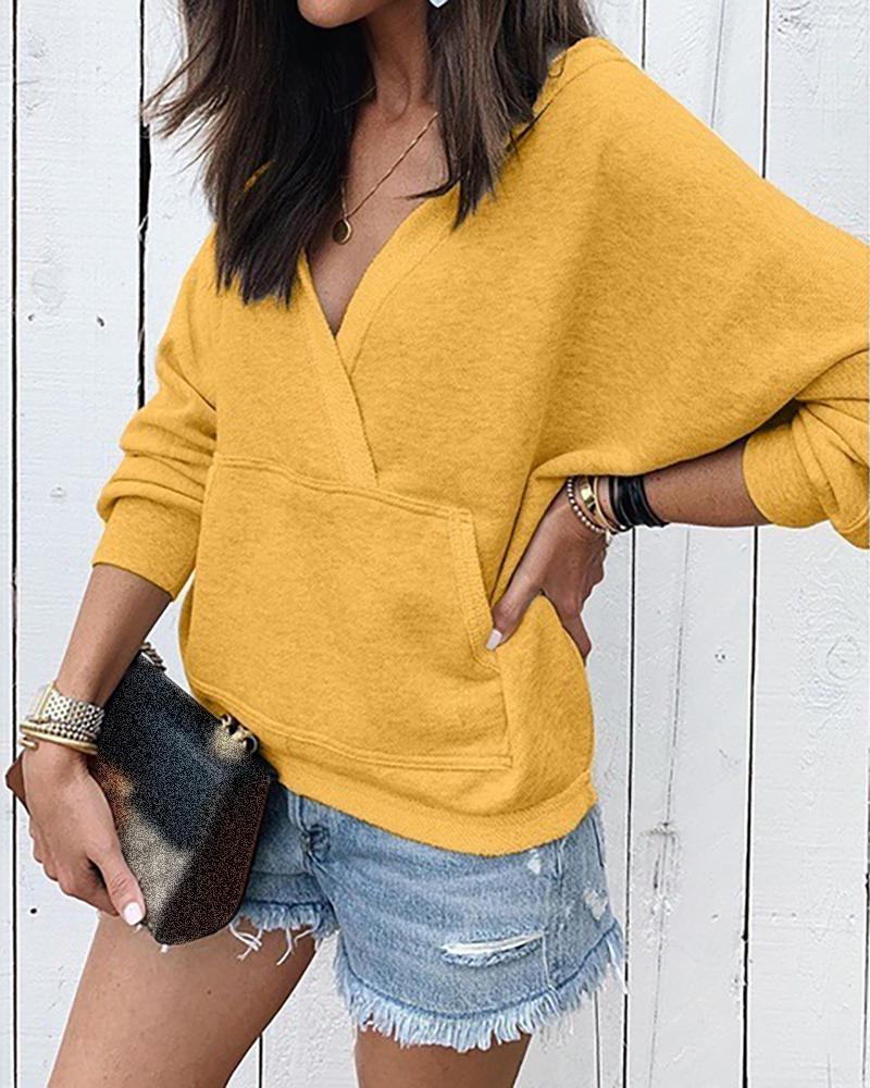 

Solid V Neck Pocket Casual Sweatshirt, Yellow