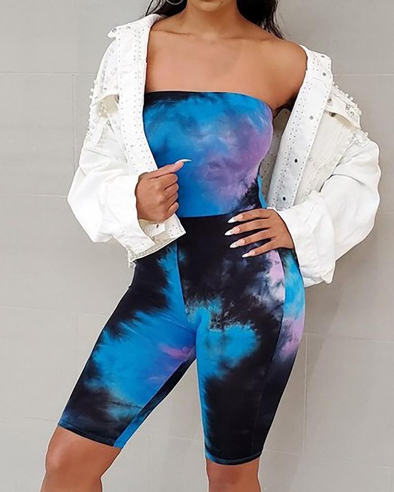 

Tie Dye Print Bandeau Fitted Romper, Blue