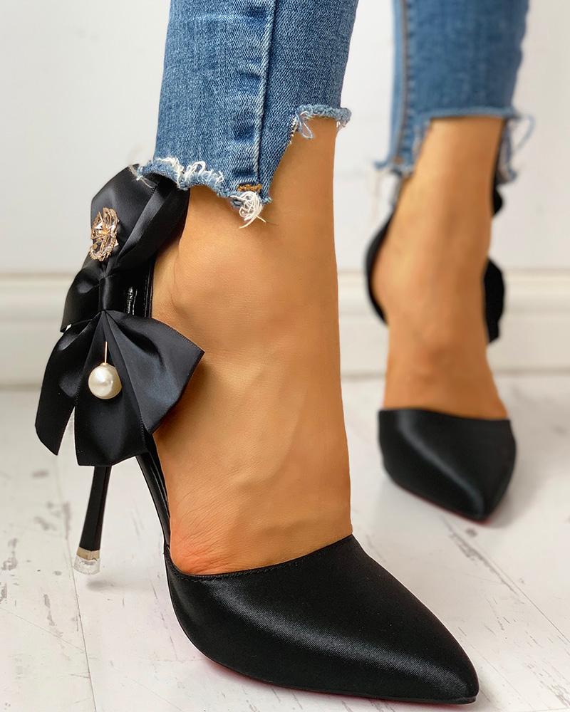 

Solid Bowknot Design Thin Heels, Black