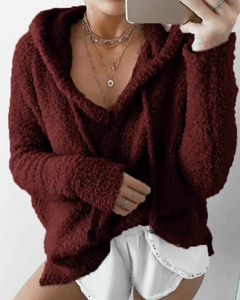 

Solid Drawstring Teddy Hooded Sweatshirt, Wine red