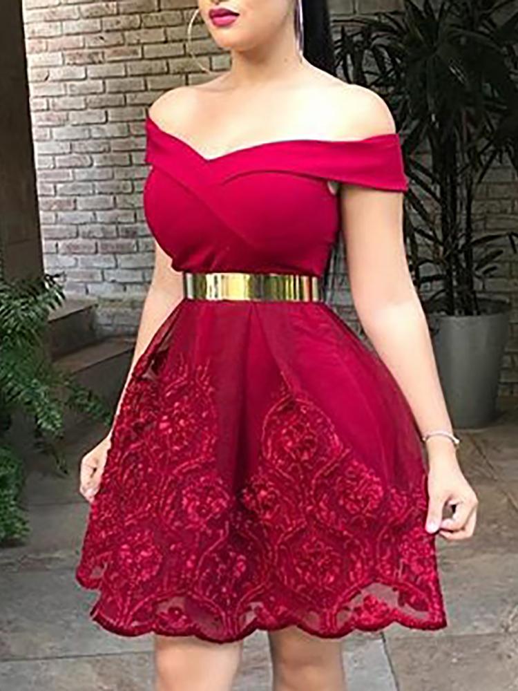 

Solid Off Shoulder Floral Embroidery Dress, Red
