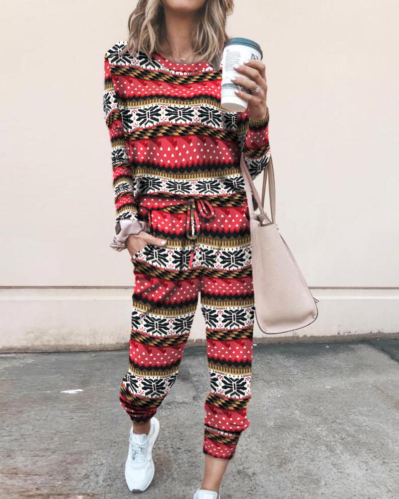 

Christmas Mixed Print Top & Drawstring Pants Set, Multicolor