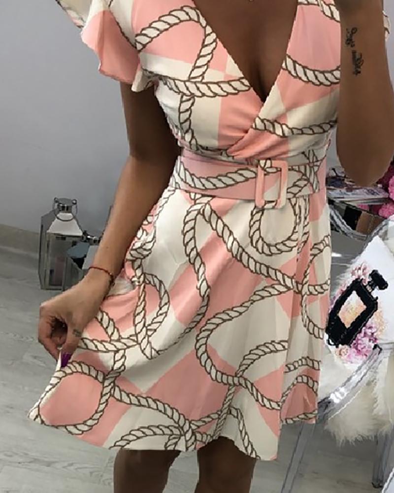 

V-Neck Wrap Rope Print Casual Dress