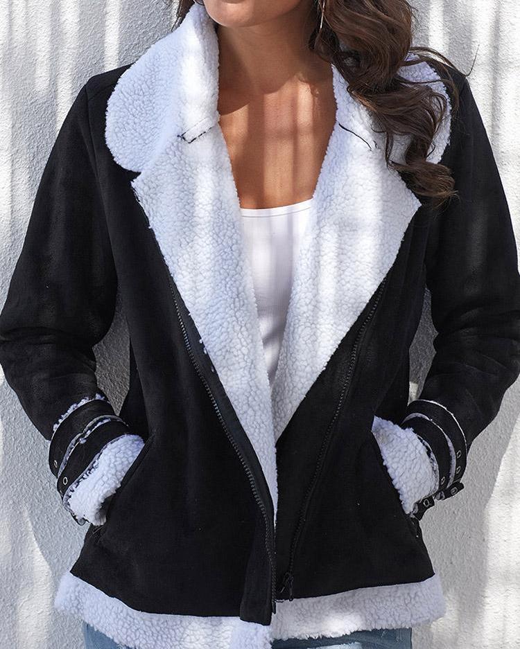 

Contrast Color Fluffy Zipper Up Pocket Coat, Black