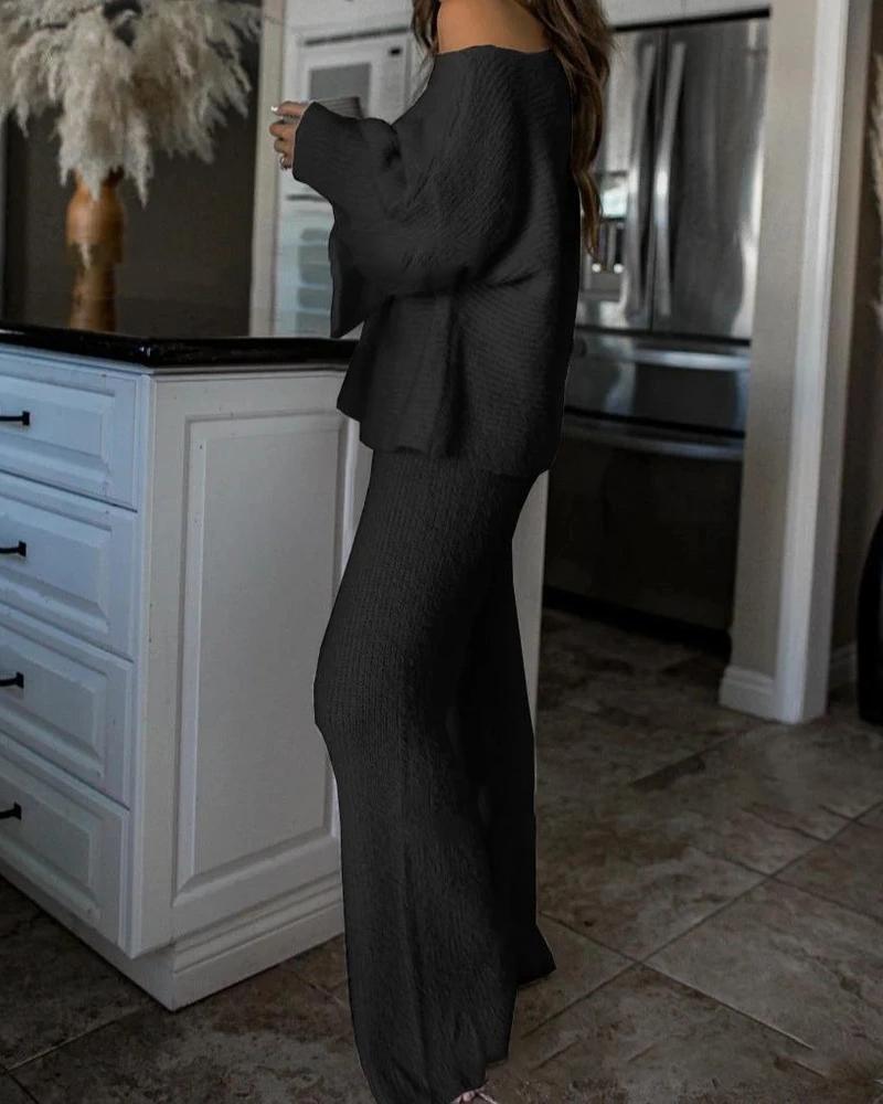 

Fluffy Plain Long Sleeve Top & Pants Set, Black