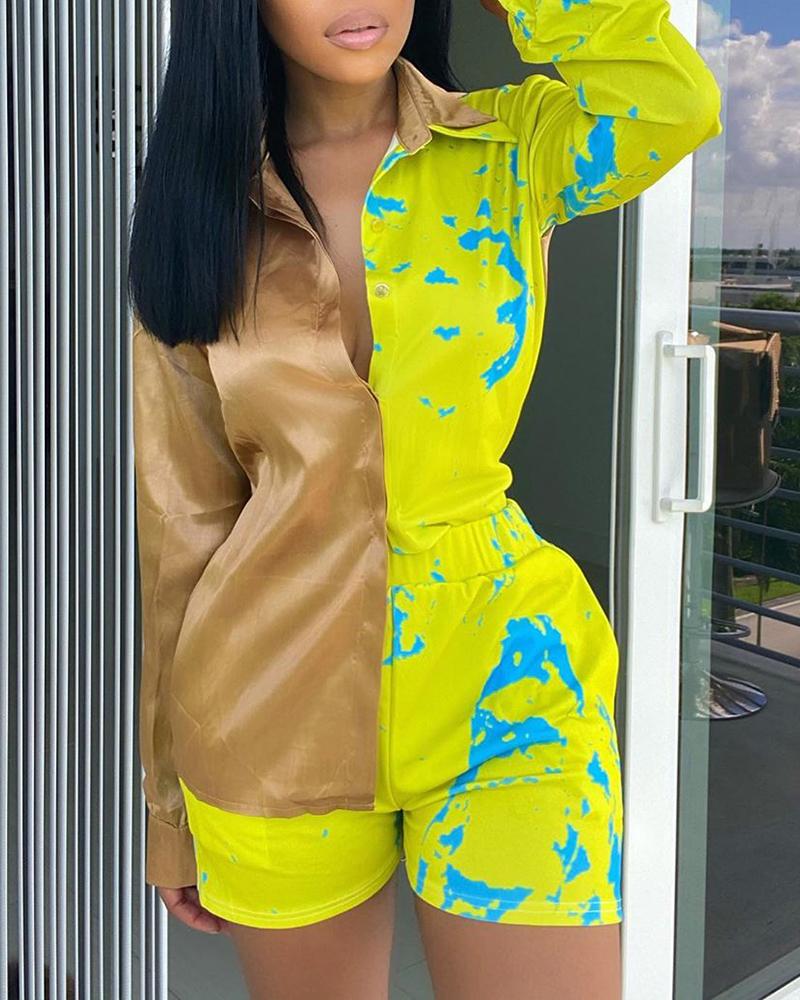 

Splash Ink Print Colorblock Shirt, Yellow