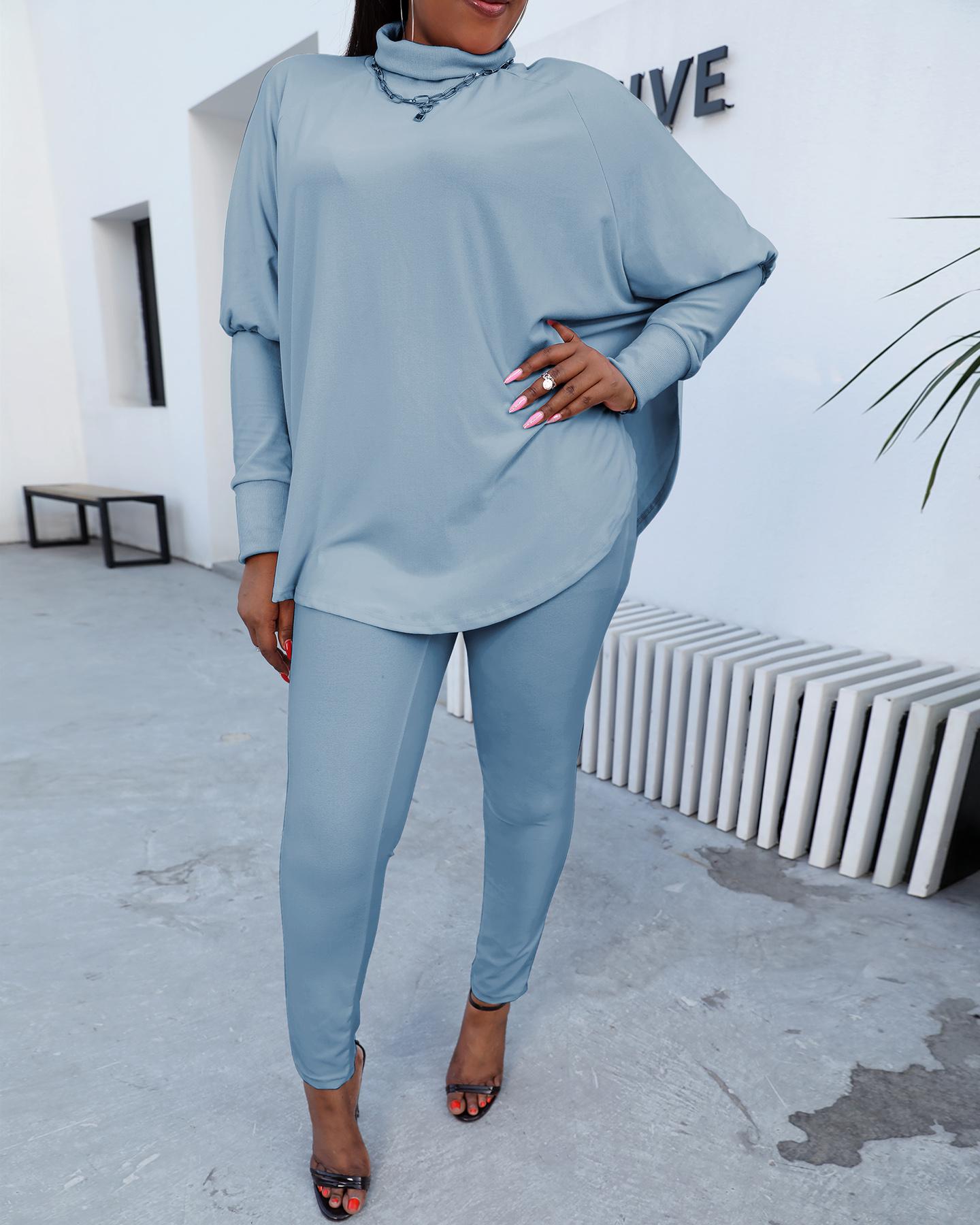 

High Neck Slit Top & Pants Set, Gray