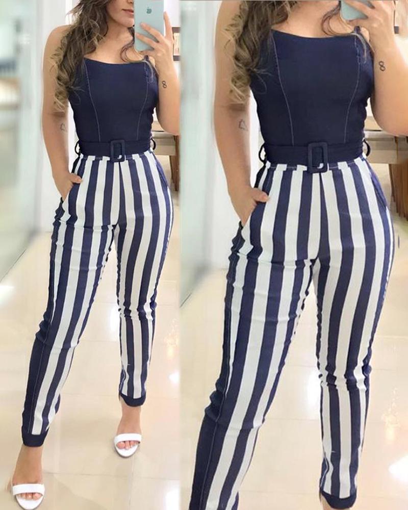 

Colorblock Striped Insert Spaghetti Strap Jumpsuit, Blue