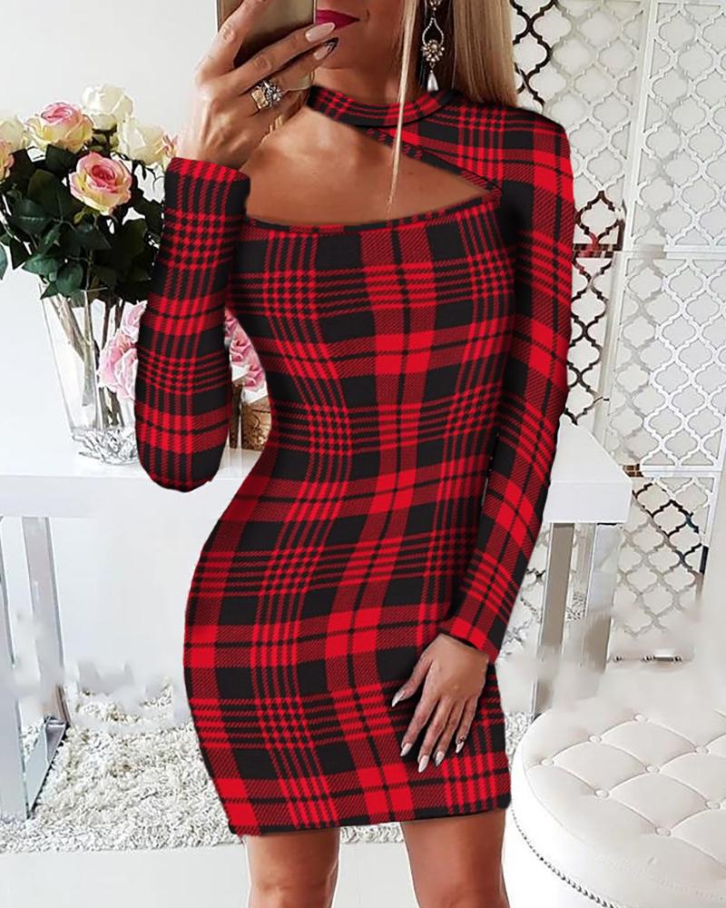 

Cutout Plaid Print Long Sleeve Bodycon Dress, Red