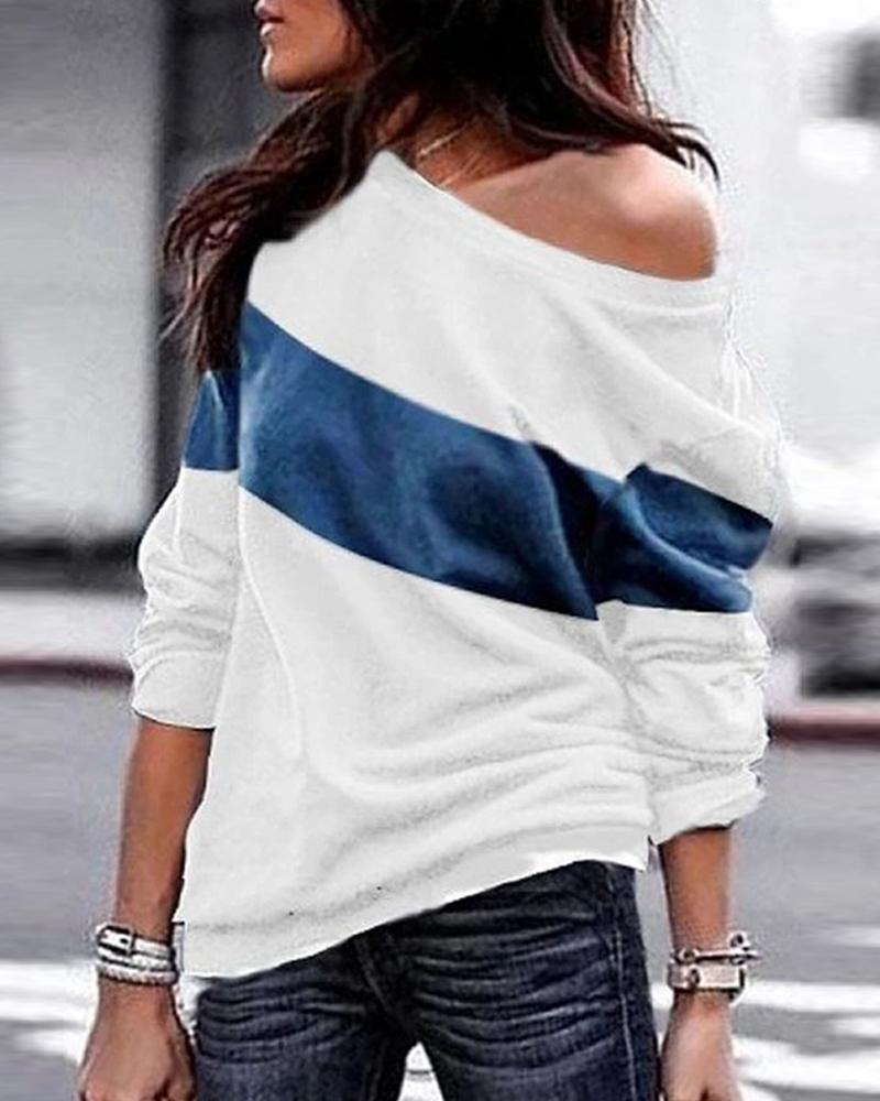 

Color Block Long Sleeve Casual Top, Blue