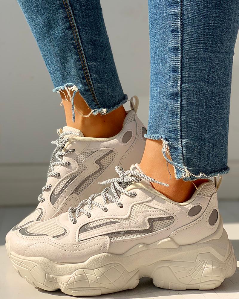 

Knitted Breathable Lace-Up Flat Sneakers, Beige