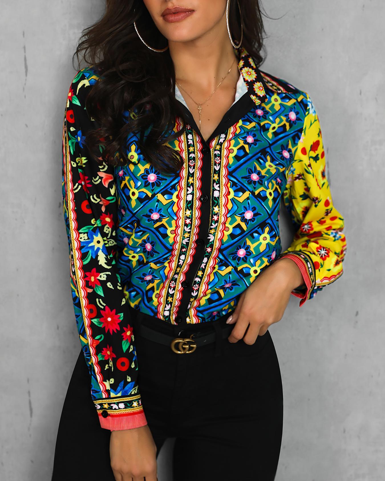 

Long Sleeve Mixed Print Casual Blouse