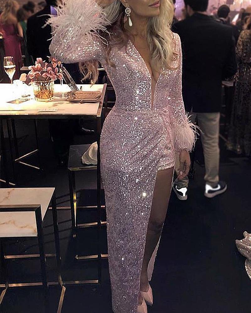 

Plunge High Slit Feather Insert Sequins Dress, Pink