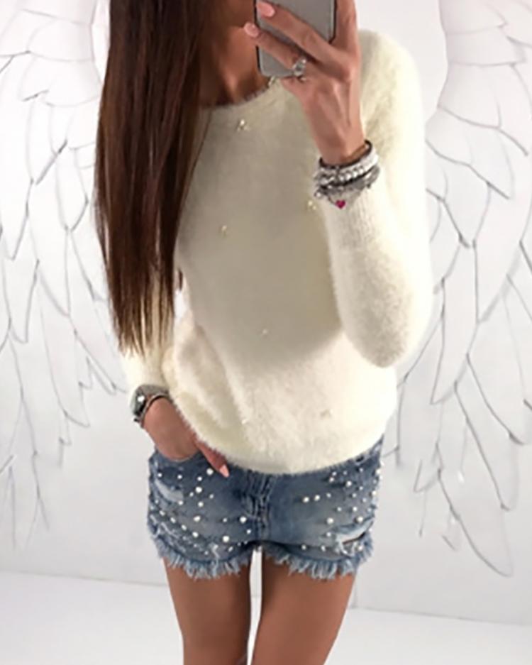 

Solid Fluffy Beaded Casual Sweater, White
