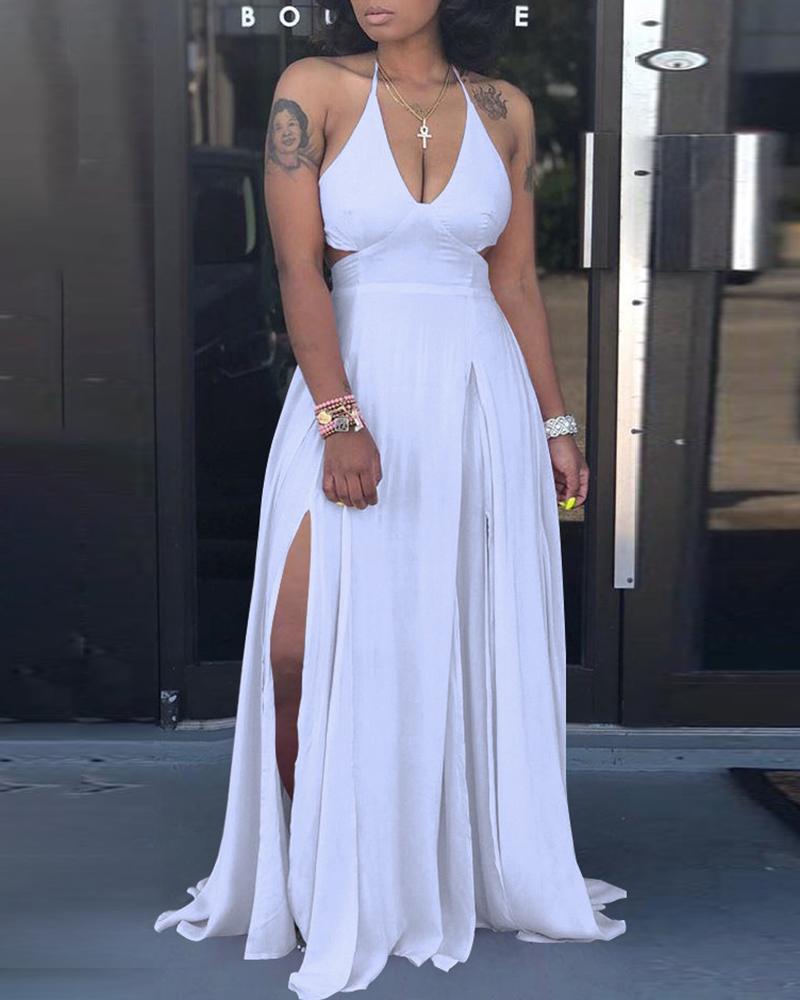

Halter Open Back Slit Maxi Dress, White