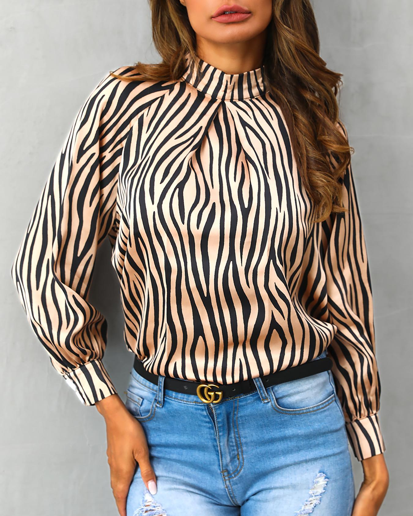 

Striped Lantern Sleeve Casual Blouse, Coffee