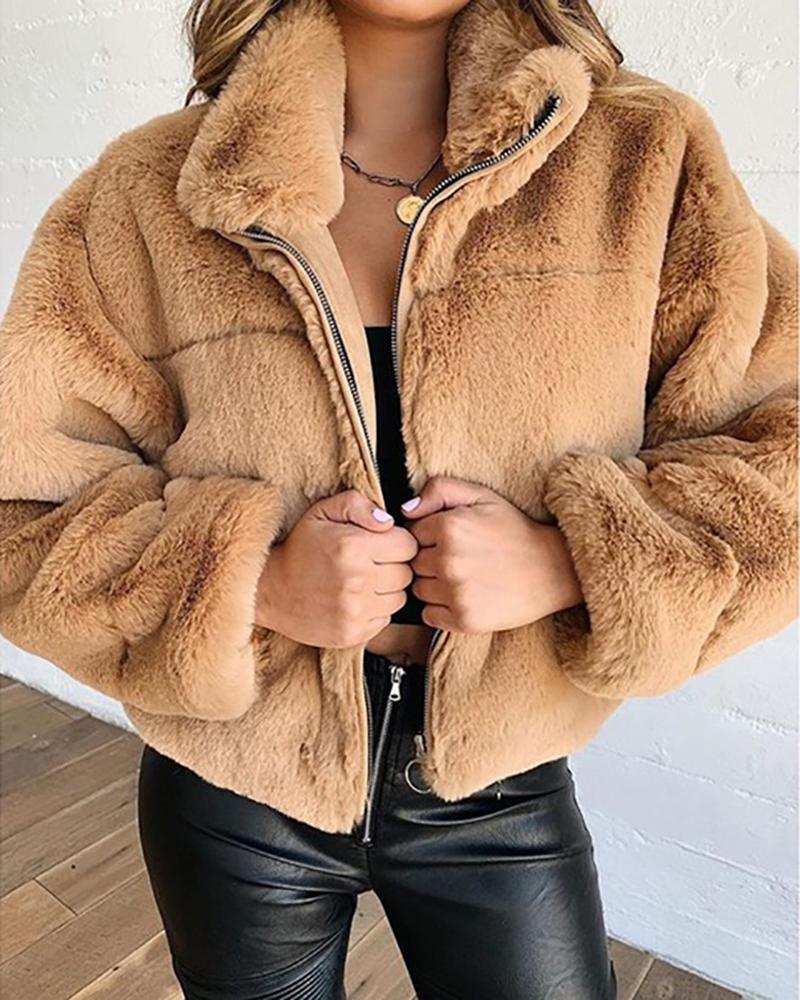 

Zipper Design Long Sleeve Teddy Coat, Khaki
