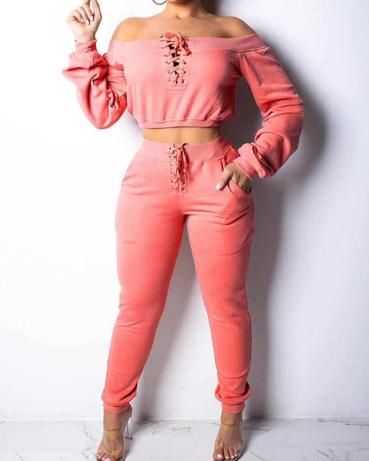

Off Shoulder Lace-Up Top & Pant Sets