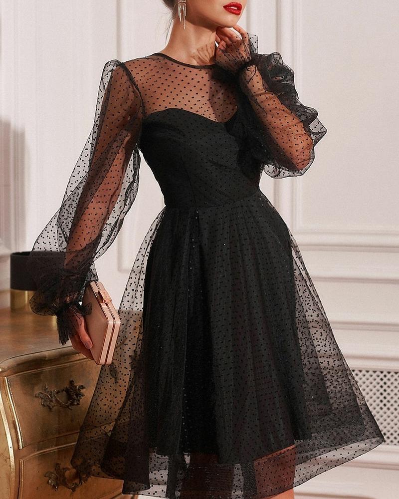 

Dot Semi Sheer Mesh Long Sleeve Dress, Black