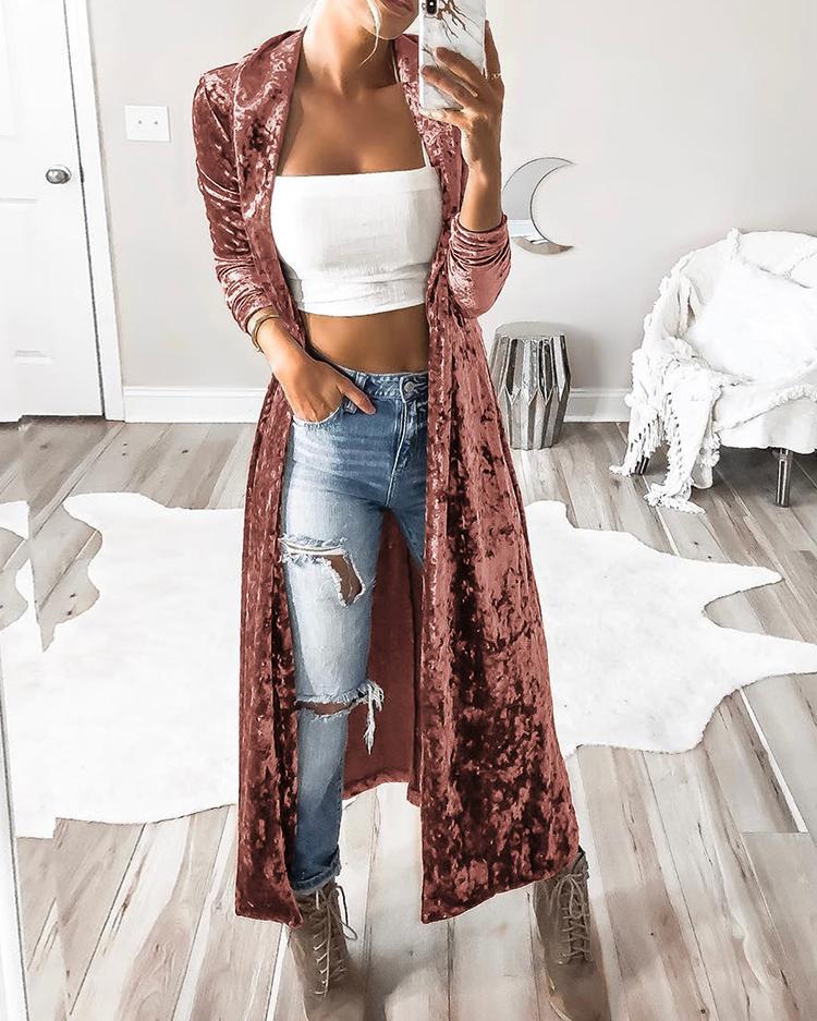 

Solid Color Velvet Long Cardigan Coat, Pink