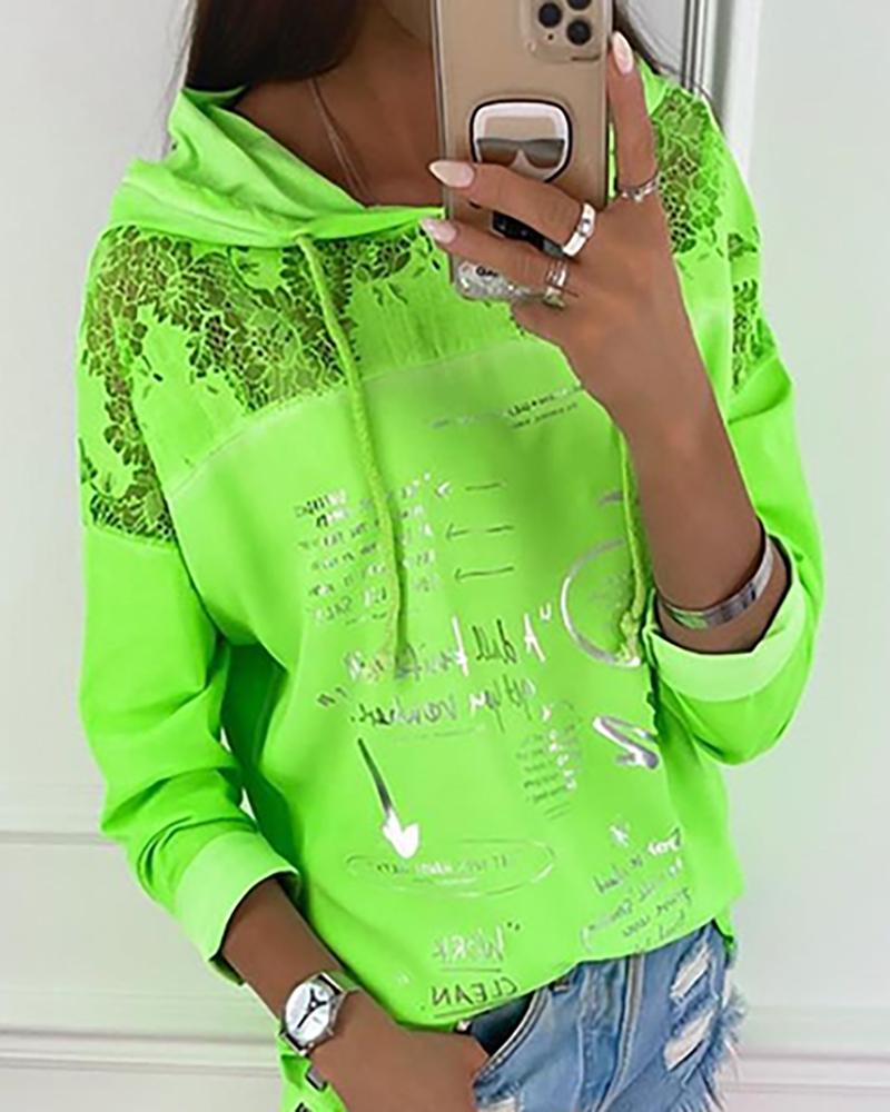 

Crochet Lace Long Sleeve Hooded Sweatshirt, Green