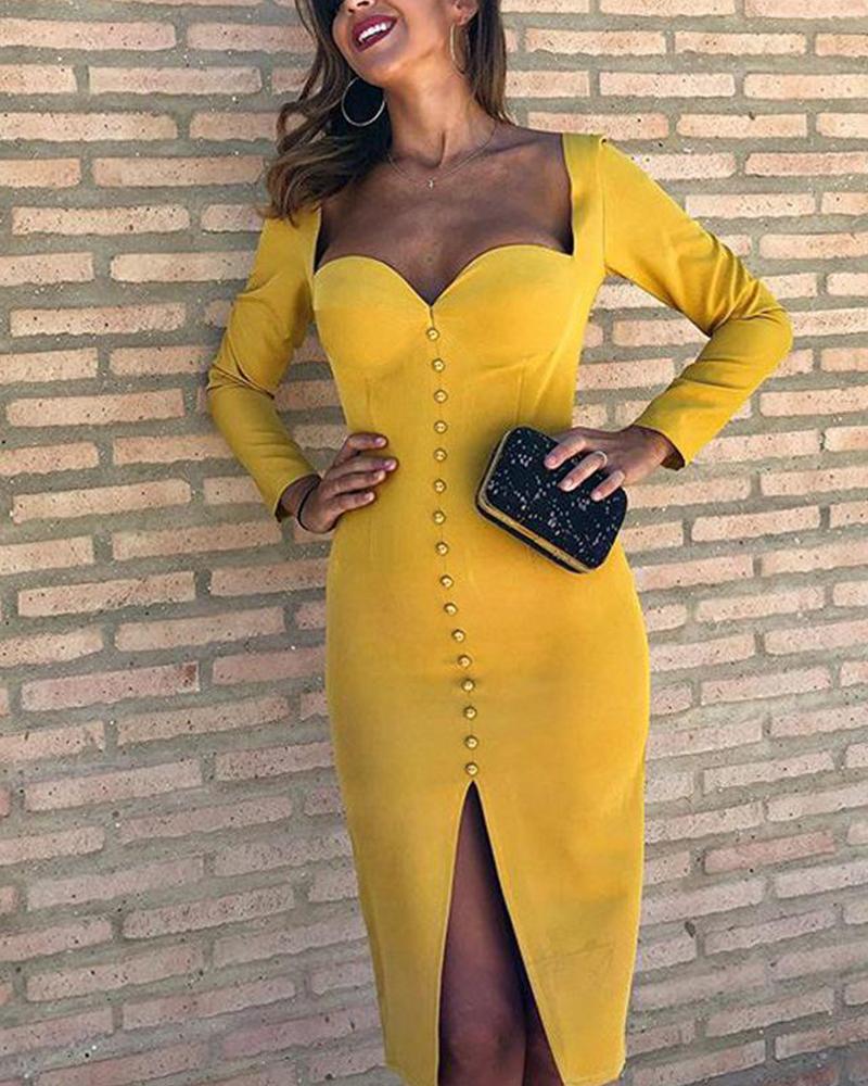 

Front Slit Bodycon Midi Dress, Yellow
