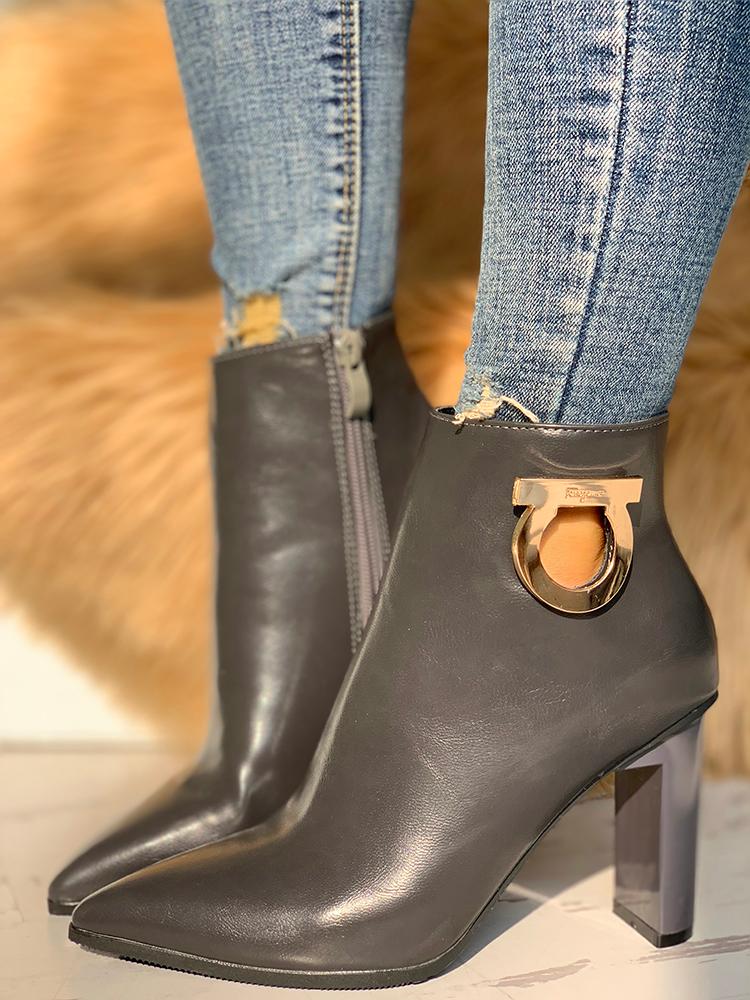 

Pointed Toe Metal Detail Chunky Heeled Boots