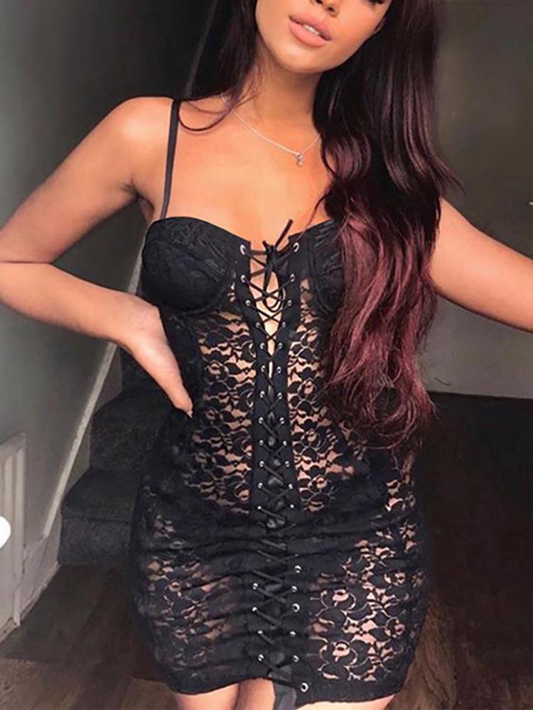 

Floral Lace Lace-Up Sheer Dress, Black