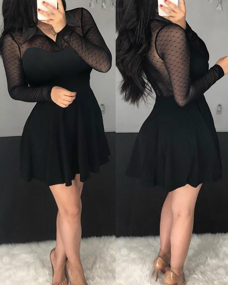 

Dot Sheer Mesh Ruffles Ruched Dress, Black