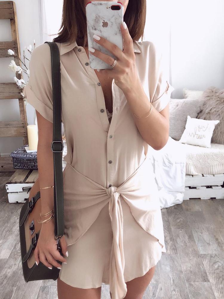 

Solid Button Up Knot Front Mini Shirt Dress