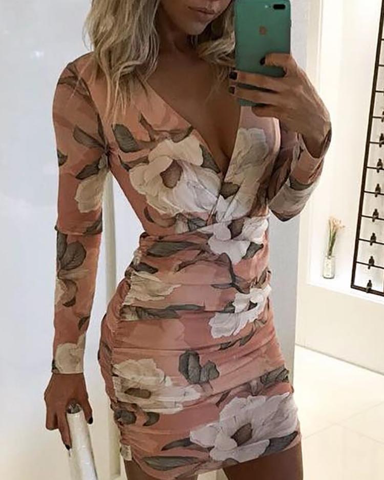 

Floral Print Long Sleeve Ruched Bodycon Dress, Pink