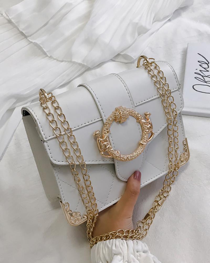 

Metal Decor Flap Chain Crossbody Bag, White