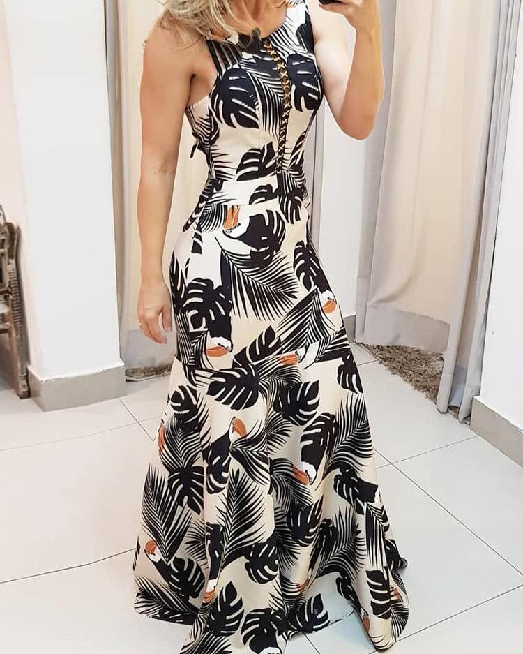 

Leaf Print Criss Cross Detail Maxi Dress, Multicolor