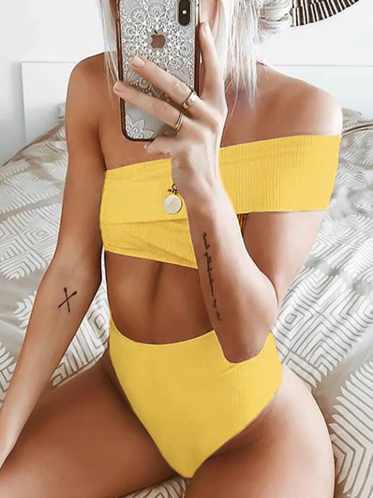 

Solid One Shoulder Bikini Sets, Yellow