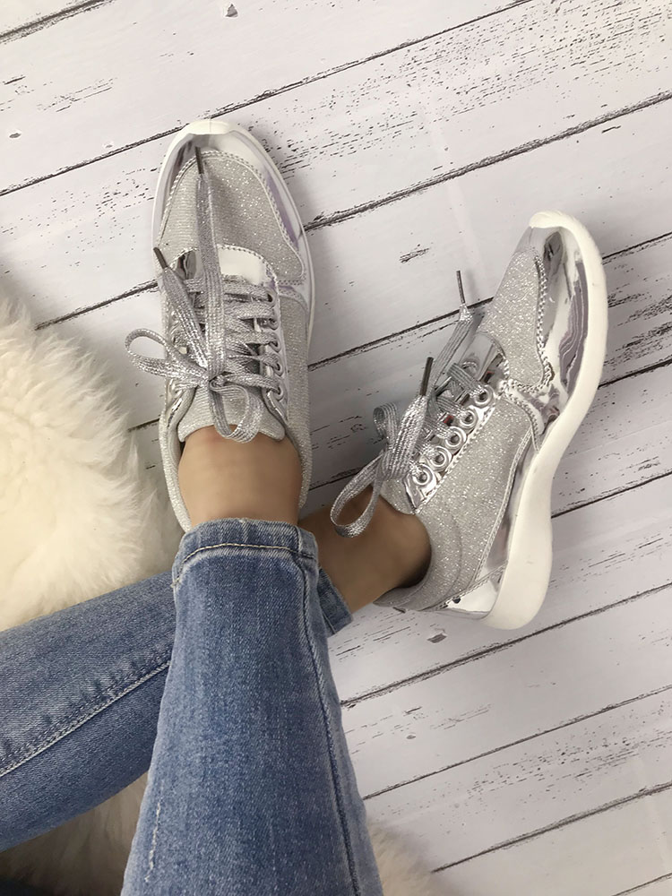 

PU Insert Glittering Eyelet Lace-Up Sneakers - Silver