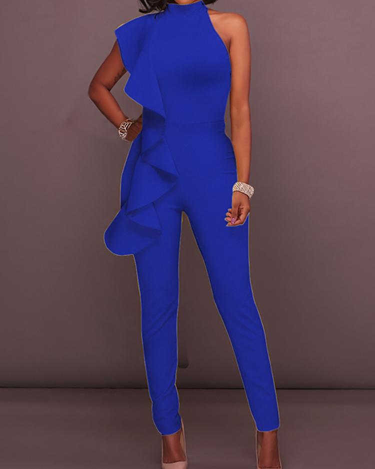 

Splicing Ruffled Mock Neck Slinky Jumpsuit