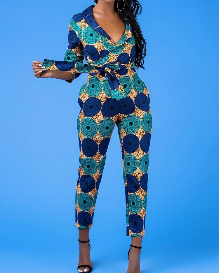 

Abstract Geo Print Wrapped Self Belted Jumpsuit, Green