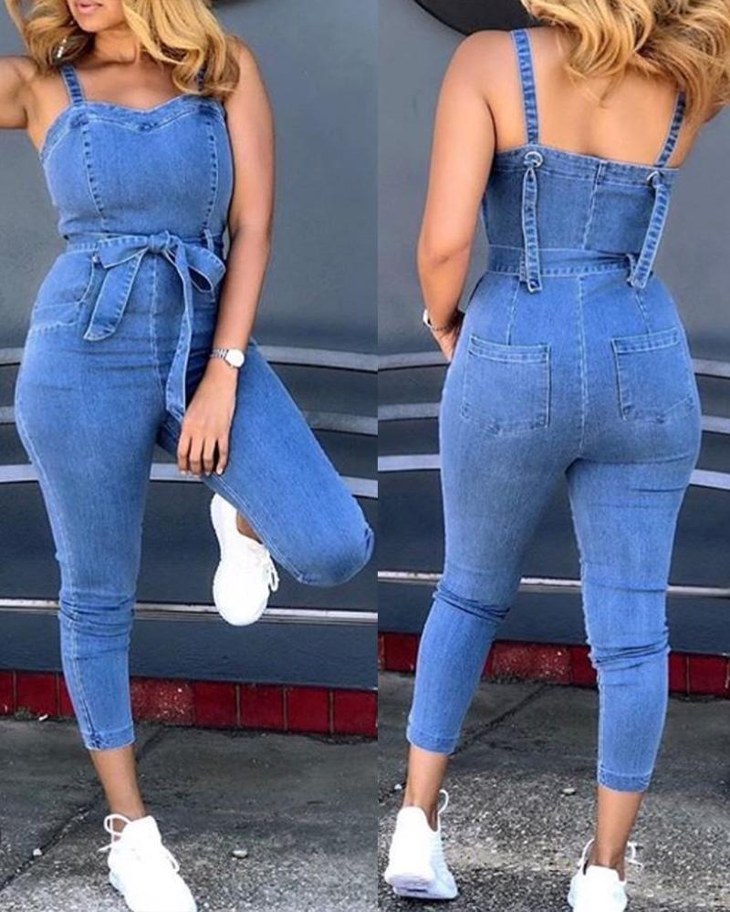 

Thick Strap Pocket Design Denim Suspender Jumpsuit, Blue